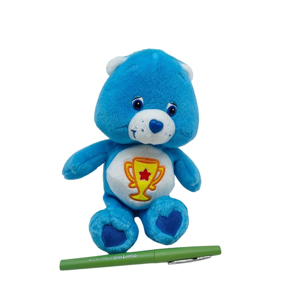 Care Bears Plush Champ Bear Blue w/ Trophy Award 2003 Play Along Stuffed Animal